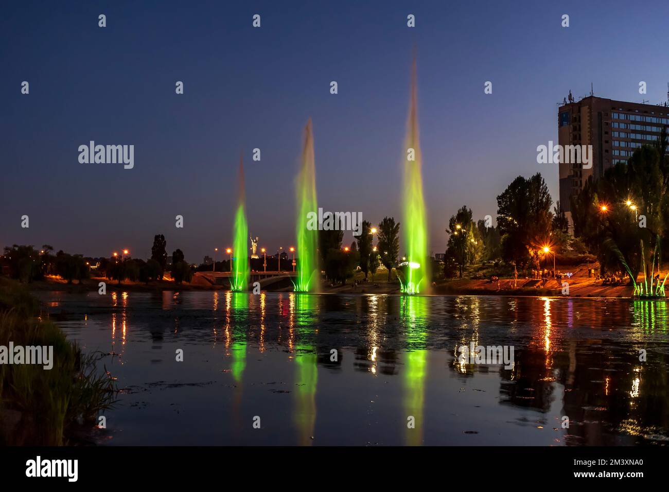 The musician and lighting fountains at the night city Stock Photo - Alamy