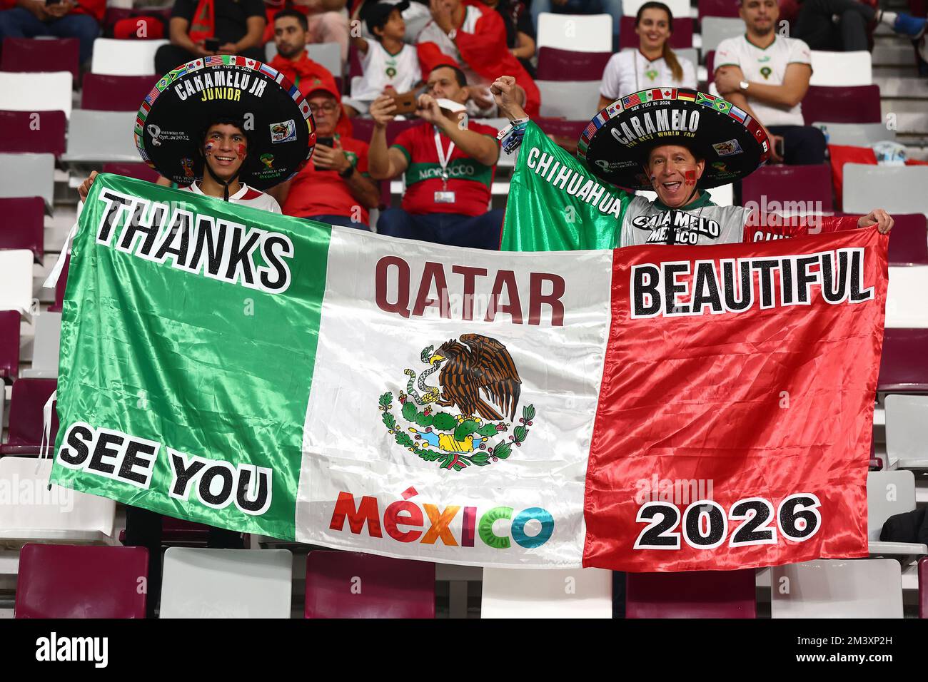 Doha, Qatar. 17th Dec, 2022. Football fans display a banner looking forward to World Cup 2026 during the 2022 FIFA World Cup third place match at Khalifa International Stadium in Doha, Qatar on December 17, 2022. Photo by Chris Brunskill/UPI Credit: UPI/Alamy Live News Stock Photo