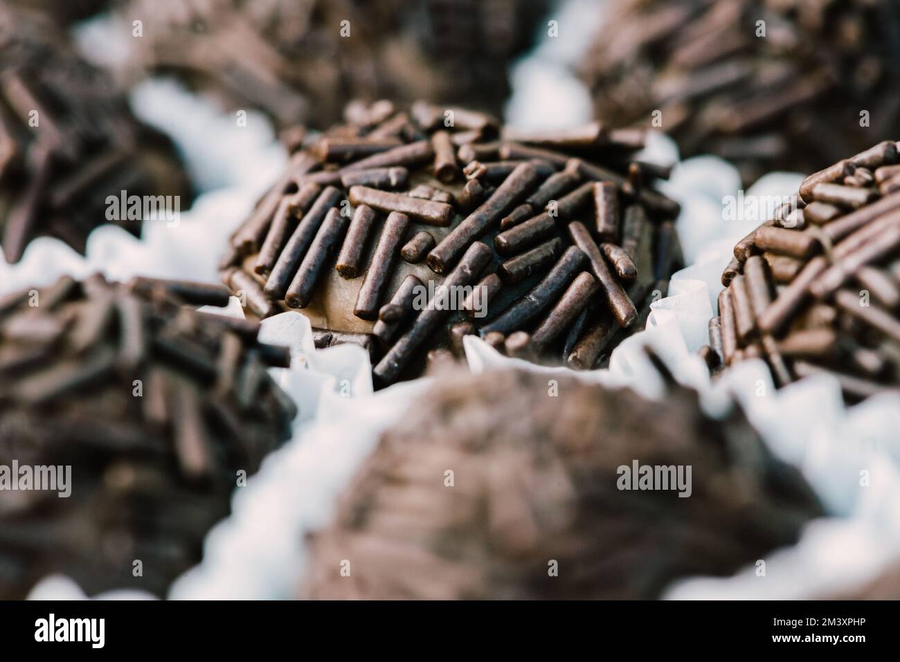 Macro close up of brigadeiros, traditional brazilian sweets made of