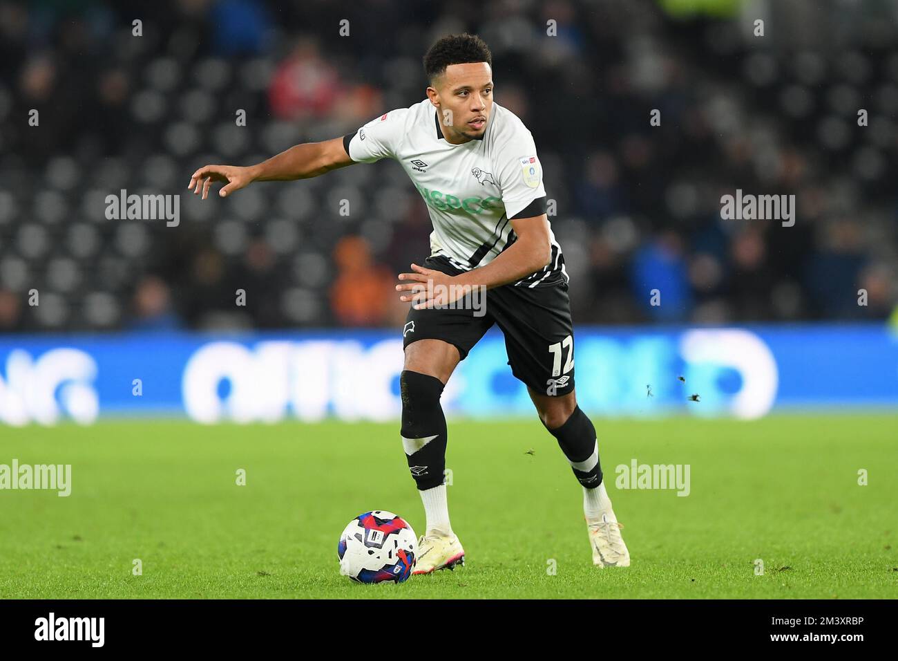 Derby, UK. 17th December 2022Korey Smith of Derby County looking for  options during the Sky Bet League 1 match between Derby County and Forest  Green Rovers at the Pride Park, Derby on