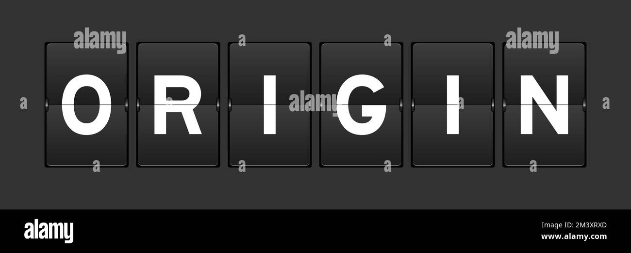 Black color analog flip board with word origin on gray background Stock