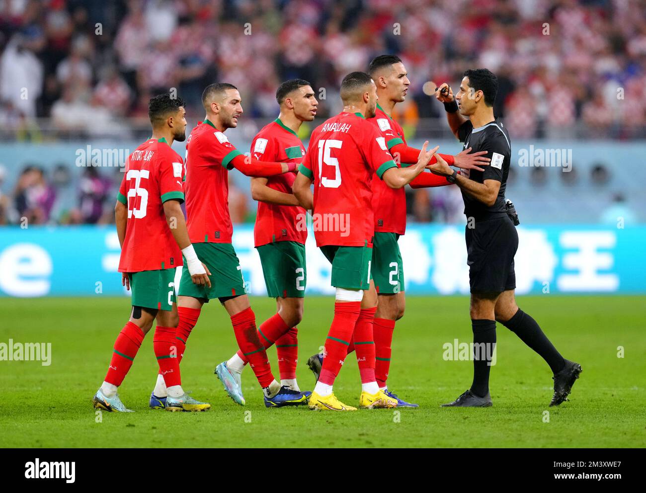 Morocco players appeal a decision made by referee Abdulrahman Al-Jassim during the FIFA World Cup third place play-off match at the Khalifa International Stadium, Doha. Picture date: Saturday December 17, 2022. Stock Photo