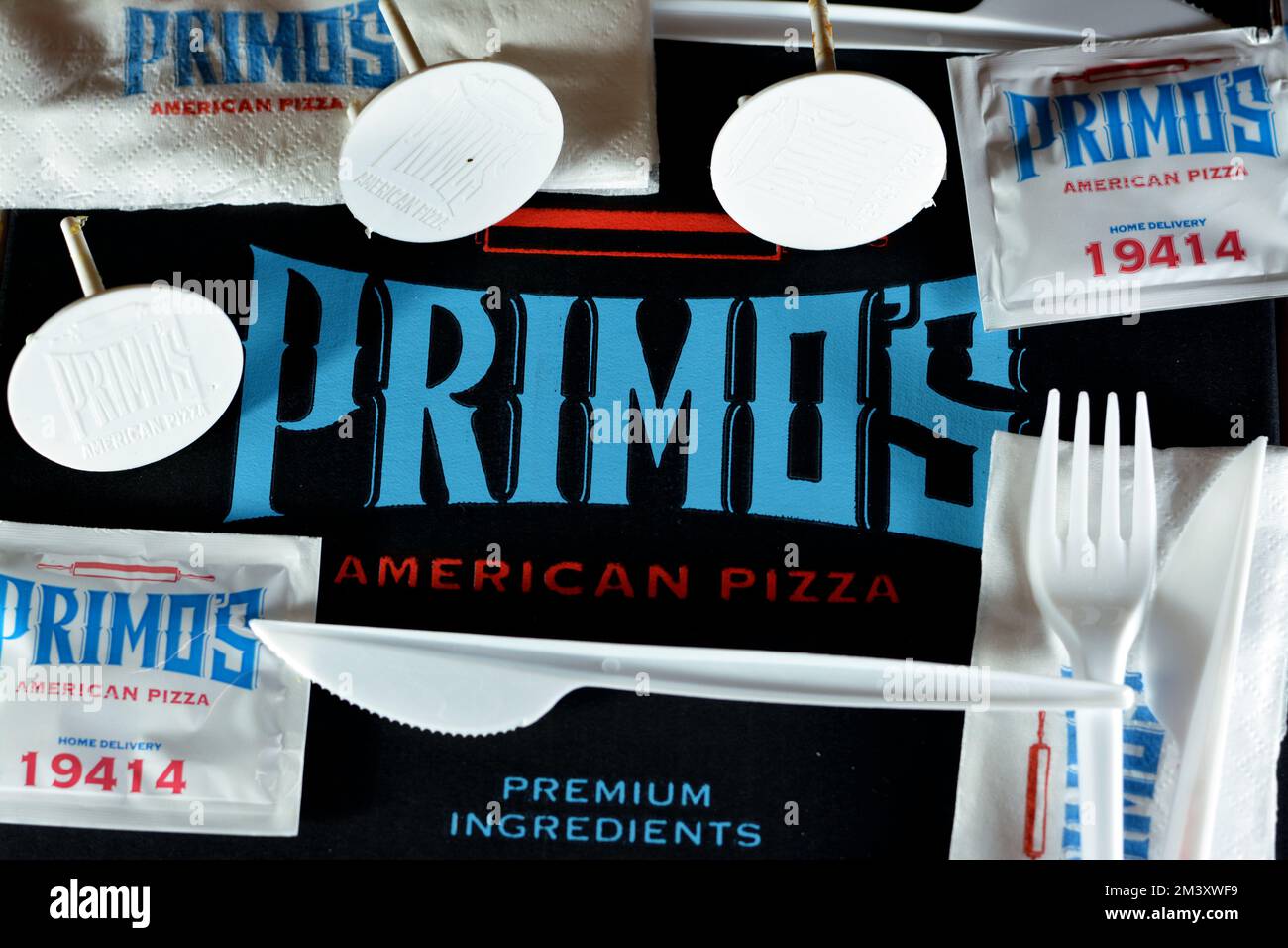 Cairo, Egypt, December 8 2022: Primo's Pizza is an American pizza known with extra cheesy pizzas, high quality ingredients and out of the world pizza Stock Photo