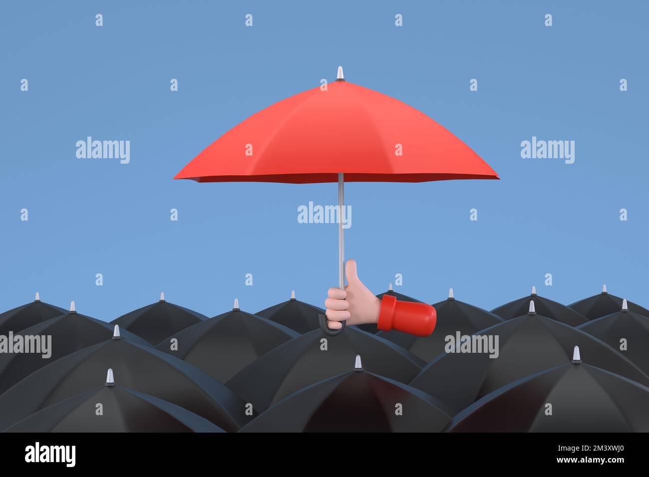 3D. Uniqueness and individuality. Hand holding a red umbrella among people with black umbrellas. Stock Photo