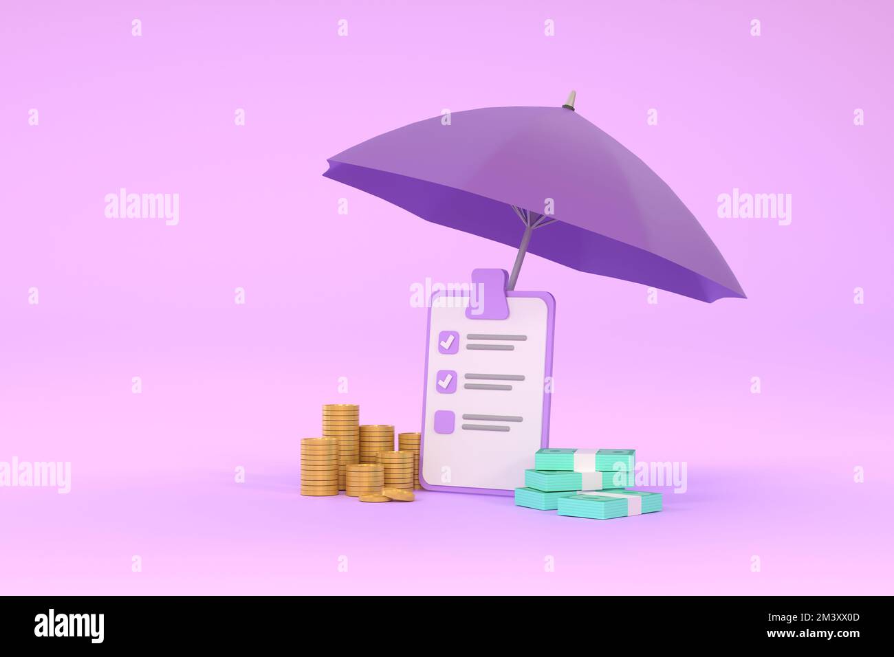 3D. Piles of golden coins and banknotes under purple umbrella. Stock Photo