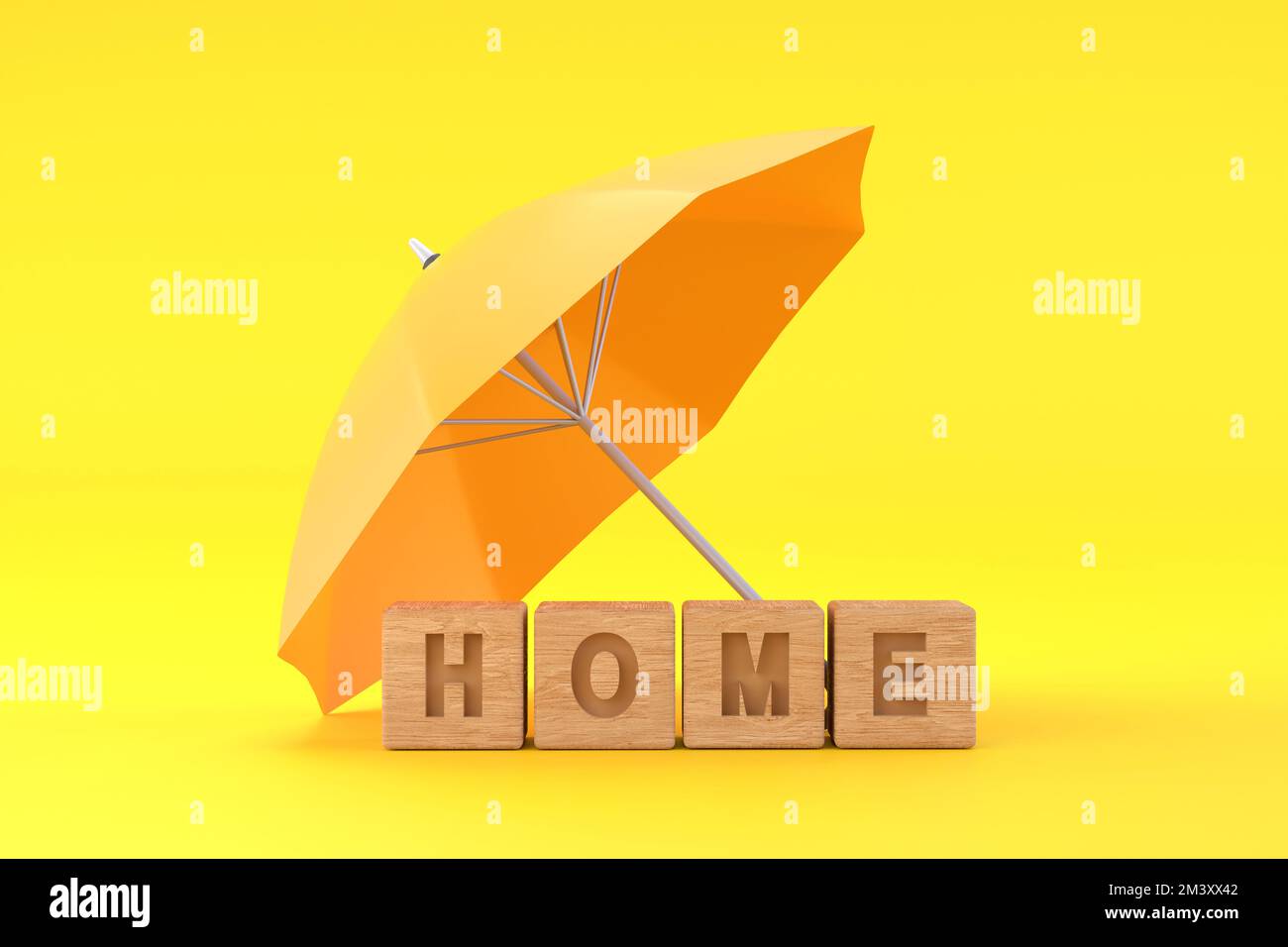 3D. yellow umbrella protecting home for house insurance concept Stock Photo