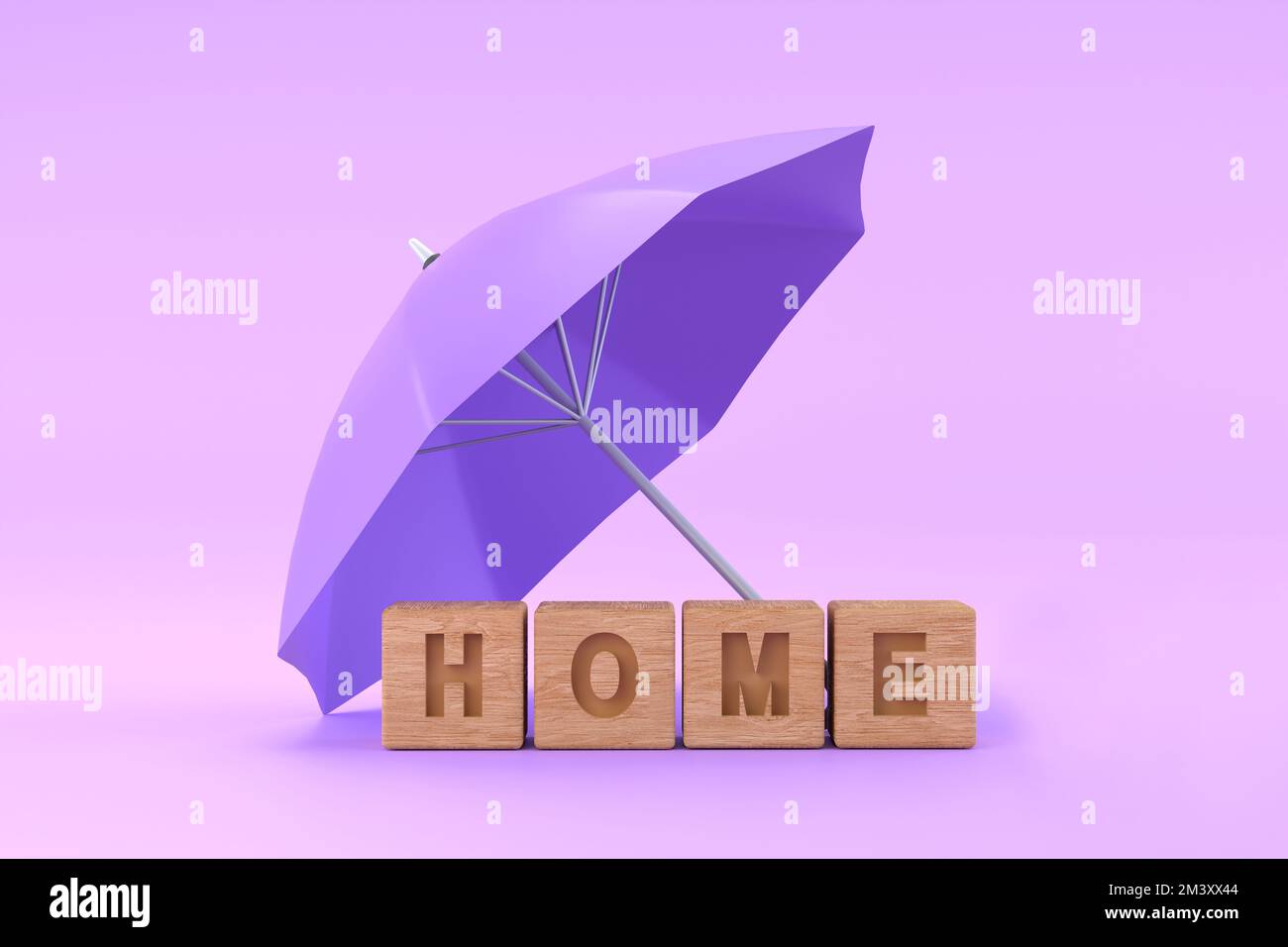 3D. purple umbrella protecting home for house insurance concept Stock Photo