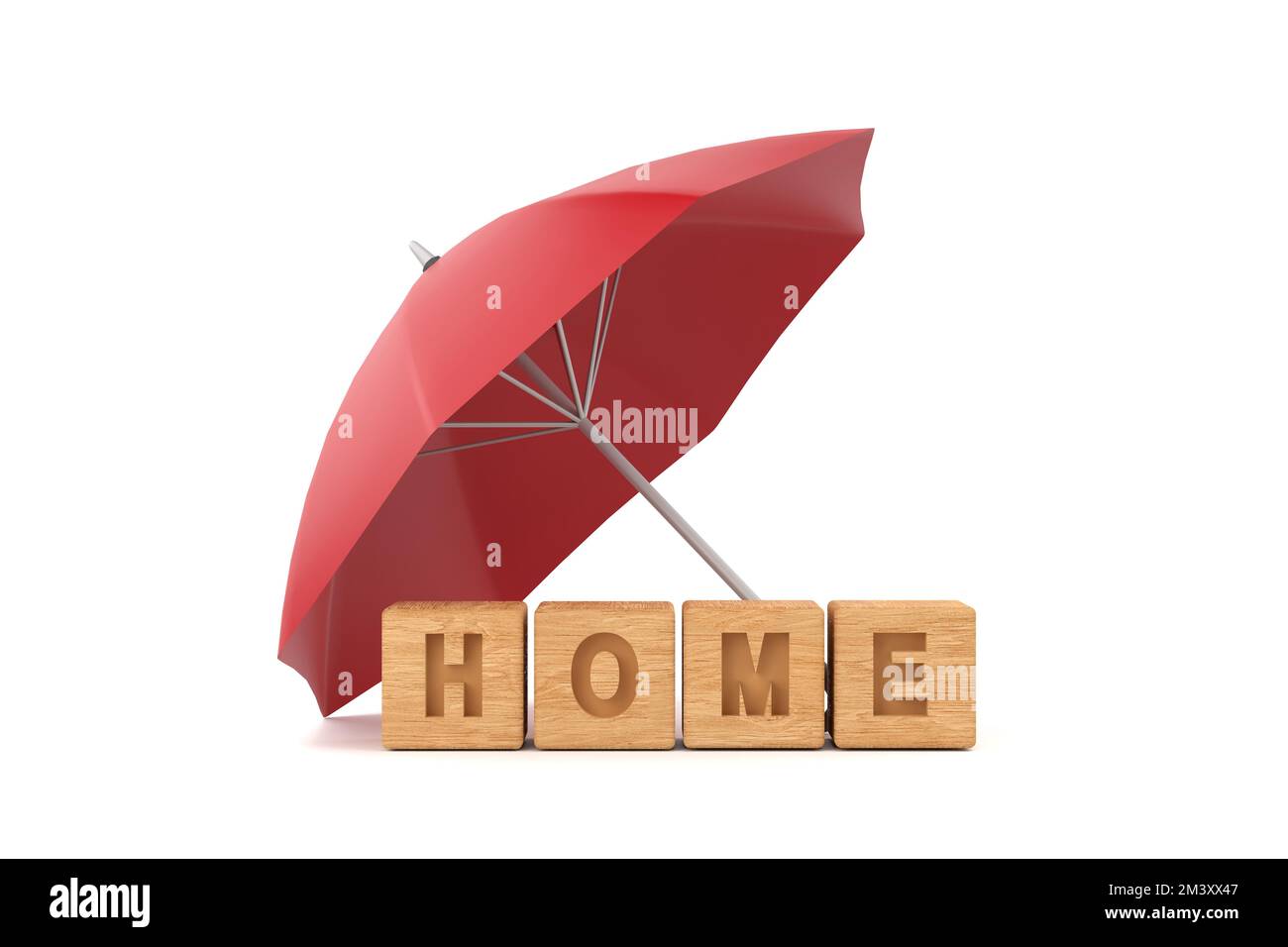 3D. Red umbrella protecting home for house insurance concept Stock Photo