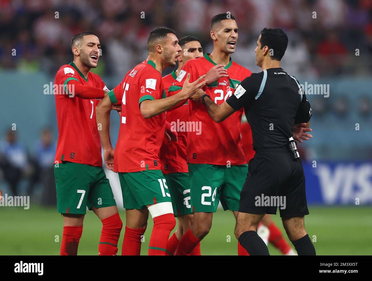 Doha, Qatar. 17th Dec, 2022. Morcoccan players let by Badr Benoun of Morocco Referee Abdulrahman Al Jassim during the FIFA World Cup 2022 match at Khalifa International Stadium, Doha. Picture credit should read: David Klein/Sportimage Credit: Sportimage/Alamy Live News Stock Photo