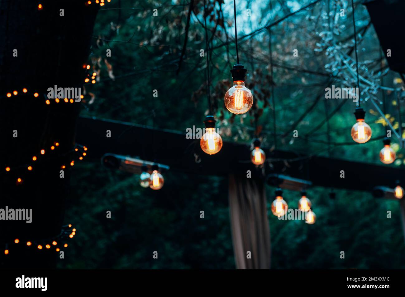 Light bulbs on dark blurred background. Selective focus. Stock Photo