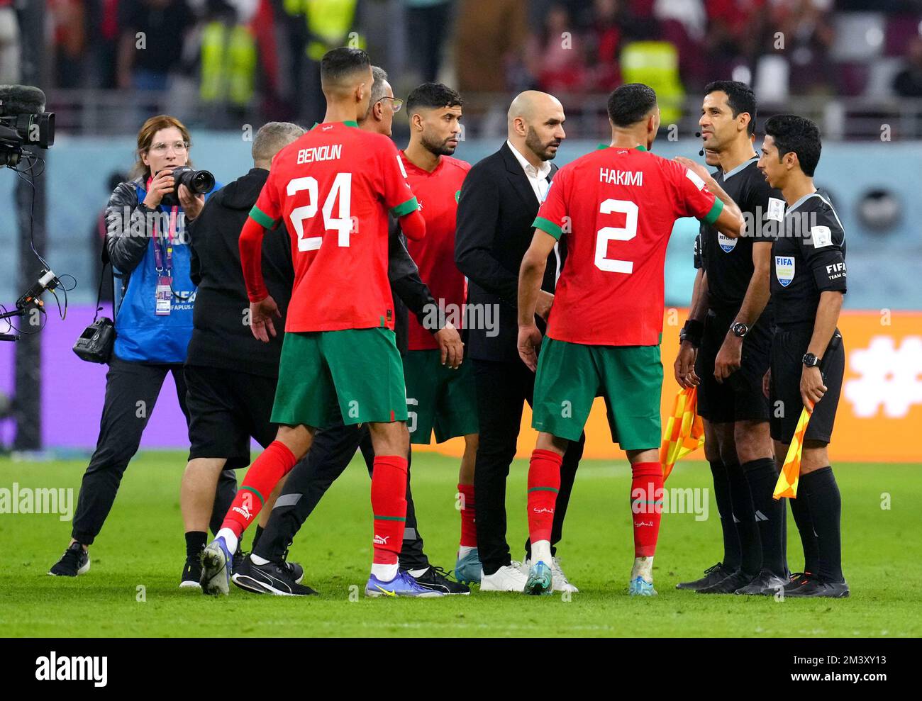 Morocco's Achraf Hakimi exchanges words with referee Abdulrahman Al-Jassim at the end of the FIFA World Cup third place play-off match at the Khalifa International Stadium, Doha. Picture date: Saturday December 17, 2022. Stock Photo