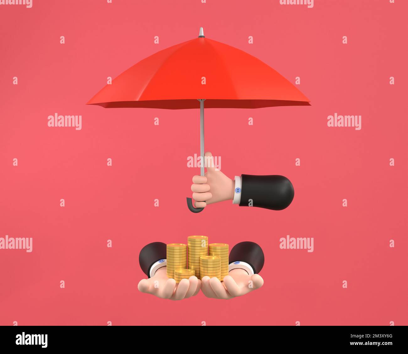3D. red umbrella protection coins hand holding stack of money savings a business. Stock Photo