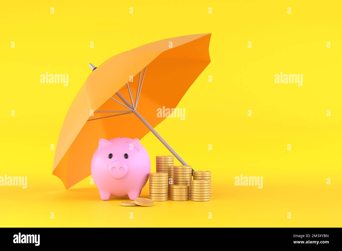 3D. Piggy bank with coins under an yellow umbrella. Stock Photo