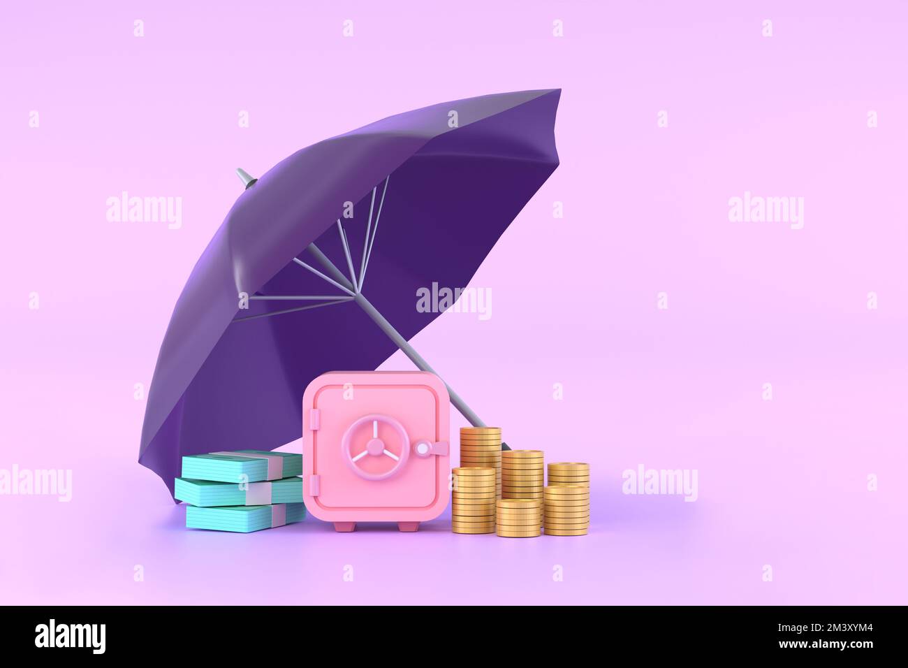 3D. Piles of golden coins, banknotes and safe under purple umbrella. Stock Photo