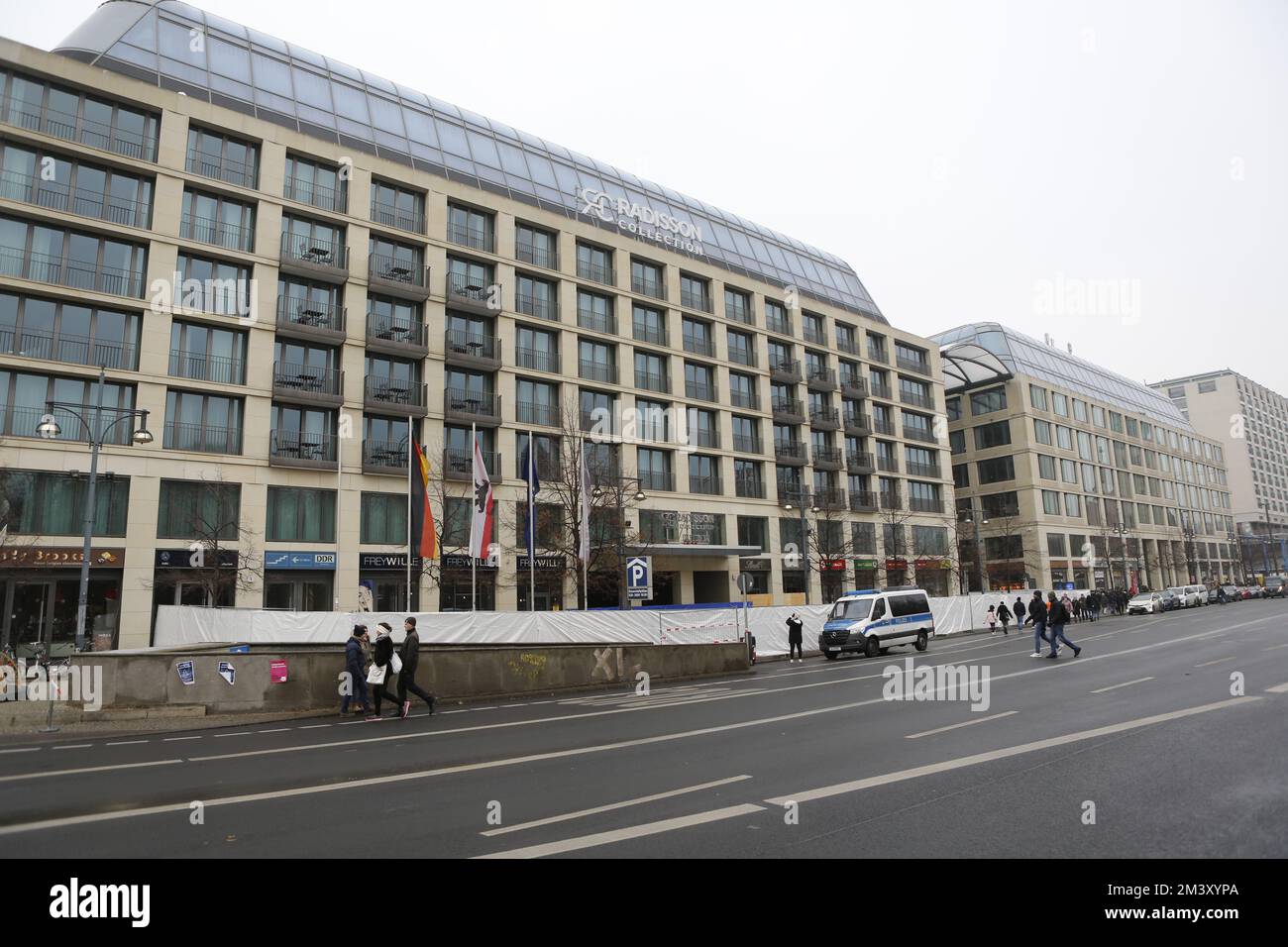 12/17/2022, Berlin, Germany, The locked hotel from the outside. The day after the accident - the Berlin Aquadom was completely closed off. AquaDom in the Berlin hotel "Radisson Blu" burst on friday 12/16/22 and around 1 million liters of water with all the fish spilled out.. Stock Photo