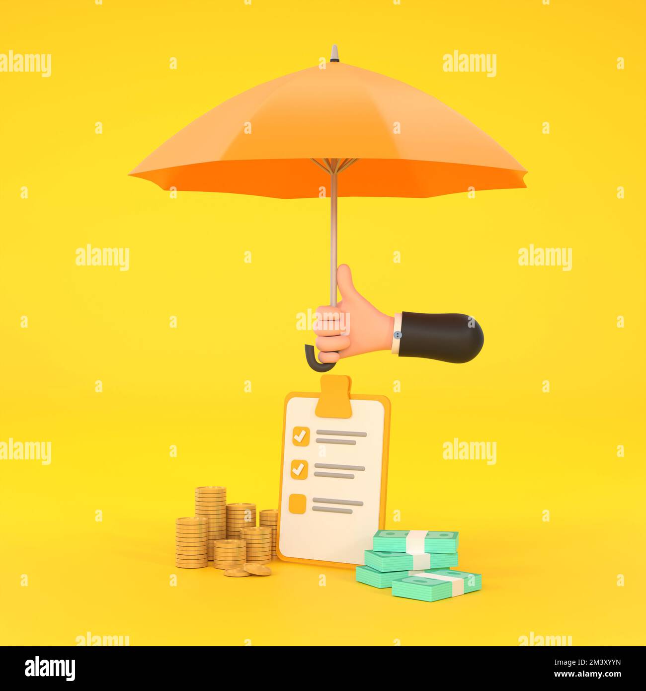 3D. Hand hold yellow umbrella Piles of golden coins and banknotes. Stock Photo