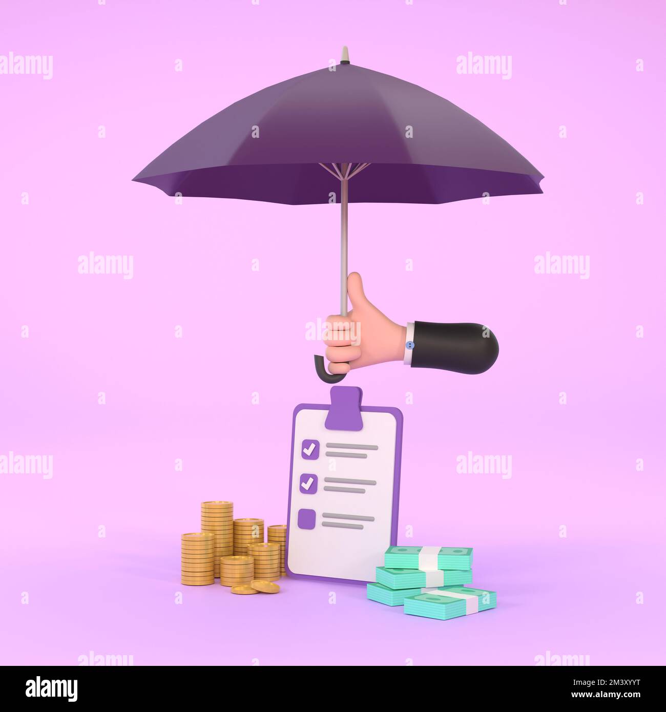 3D. Hand hold purple umbrella Piles of golden coins and banknotes. Stock Photo