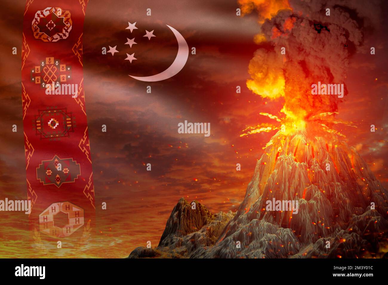 big volcano blast eruption at night with explosion on Turkmenistan flag  background, suffer from natural disaster and volcanic ash concept - 3D  illustr Stock Photo - Alamy