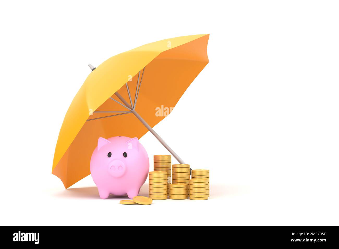 3D. Piggy bank with coins under an yellow umbrella. Stock Photo