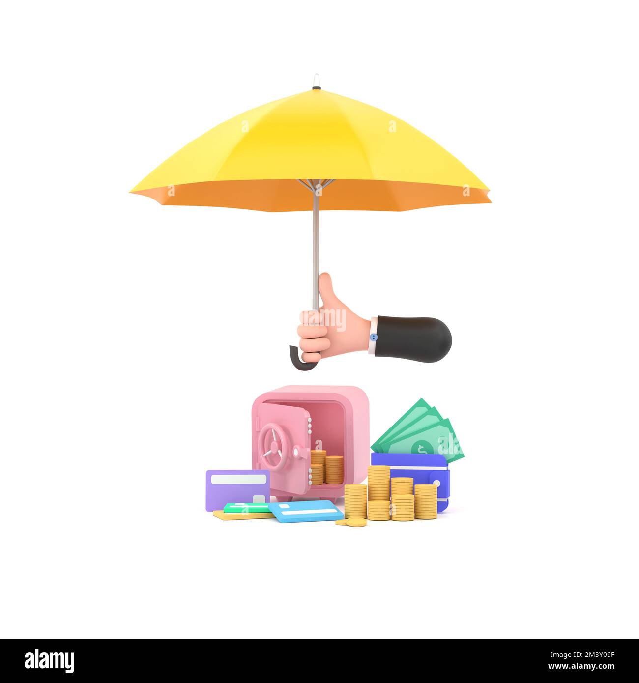 3D. hand hold yellow umbrella Piles of golden coins, banknotes and safe. Stock Photo