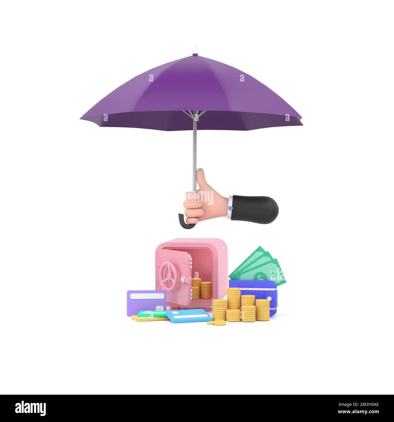 3D. hand hold purple umbrella Piles of golden coins, banknotes and safe. Stock Photo