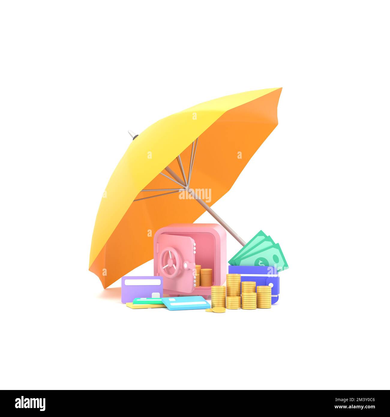 3D. yellow umbrella Piles of golden coins, banknotes and safe. Stock Photo