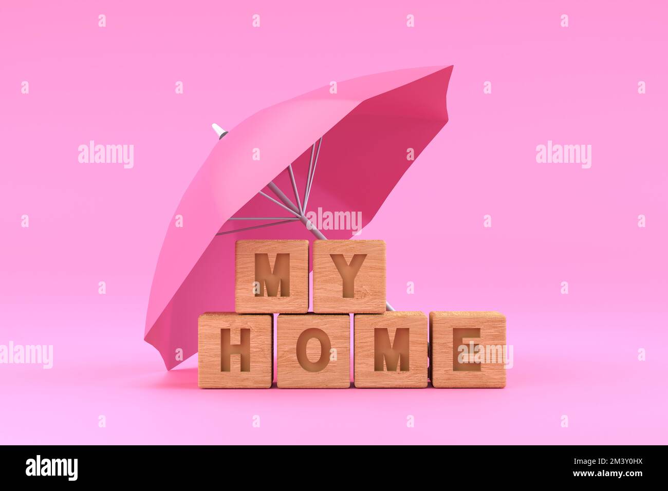 3D. pink umbrella protecting home for house insurance concept Stock Photo