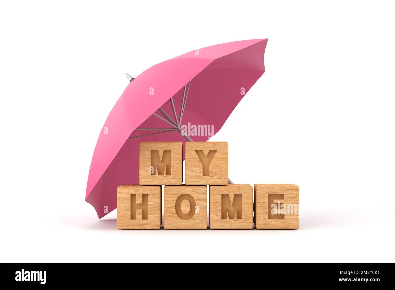 3D. pink umbrella protecting home for house insurance concept Stock Photo