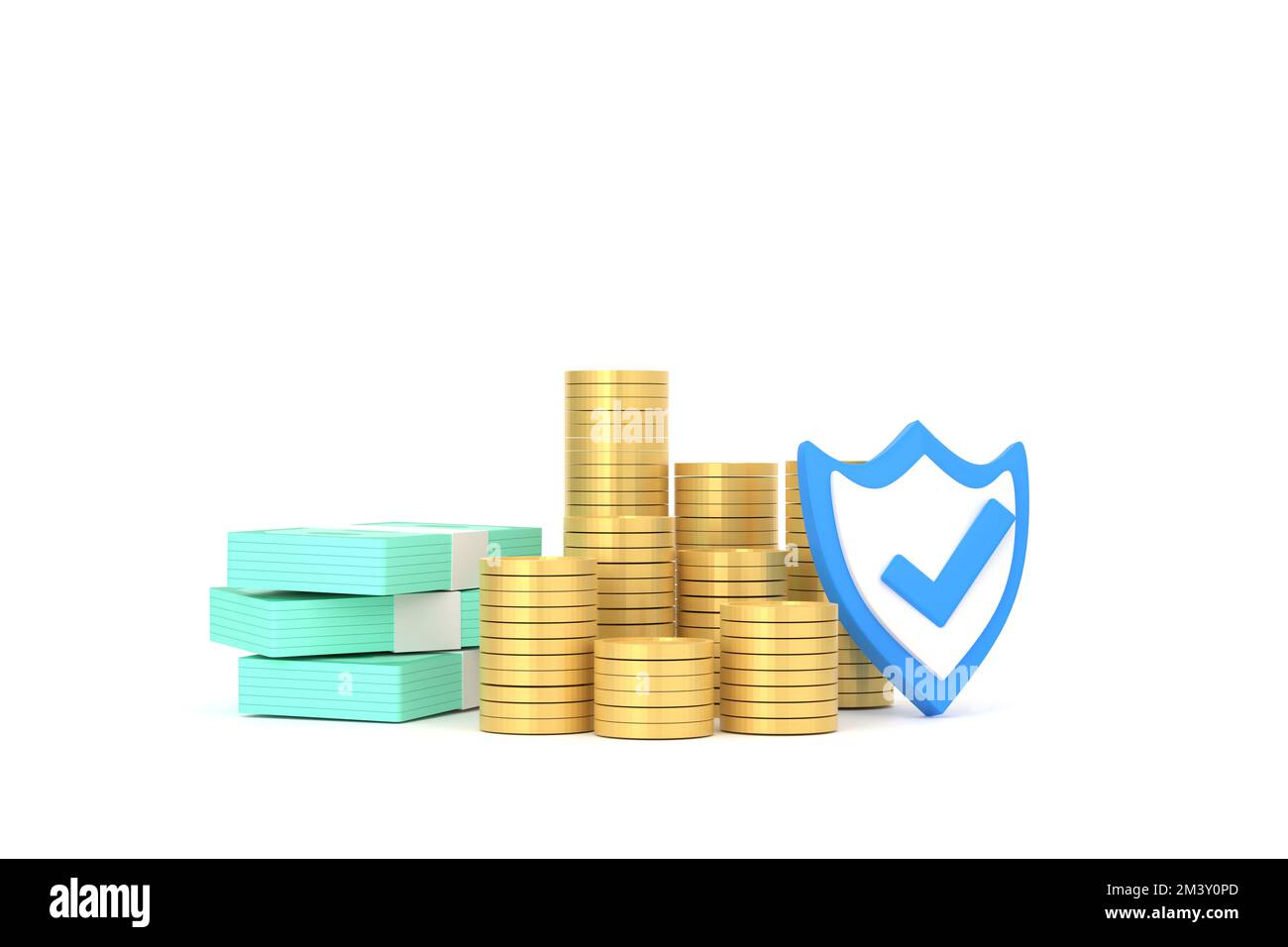 3D. Protection shield icon with coins, banknote, financial saving insurance. Stock Photo