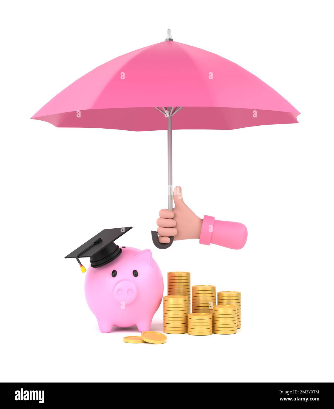 3D. Cartoon hand holding pink umbrella to protect piggy bank and money. education plan concept. Stock Photo