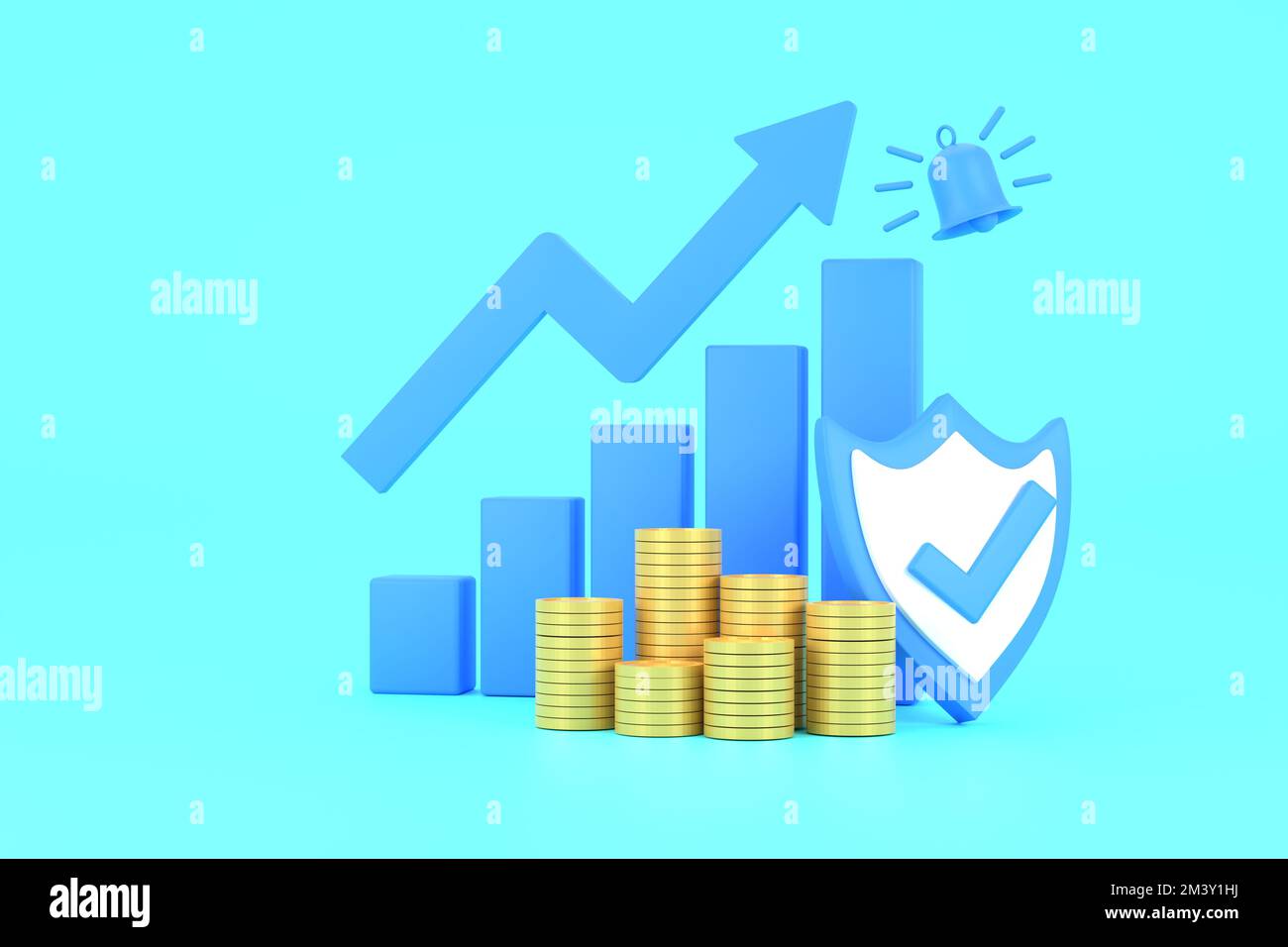 3D. blue rising arrow, profit bar graph and shield with multiple arrangements of coins. Stock Photo