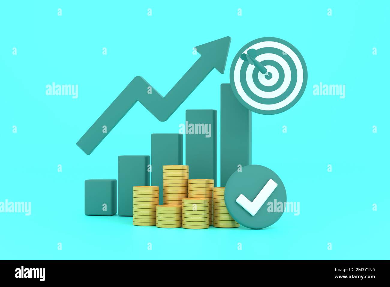 3D. Green rising arrow, profit bar graph and shield with multiple arrangements of coins. Stock Photo