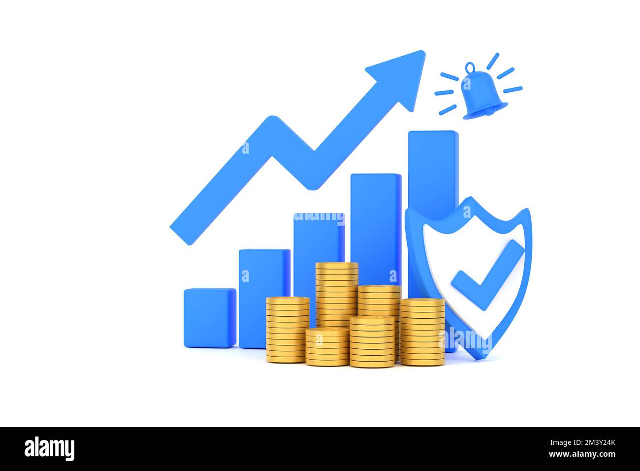 3D. Blue rising arrow, profit bar graph and shield with multiple ...