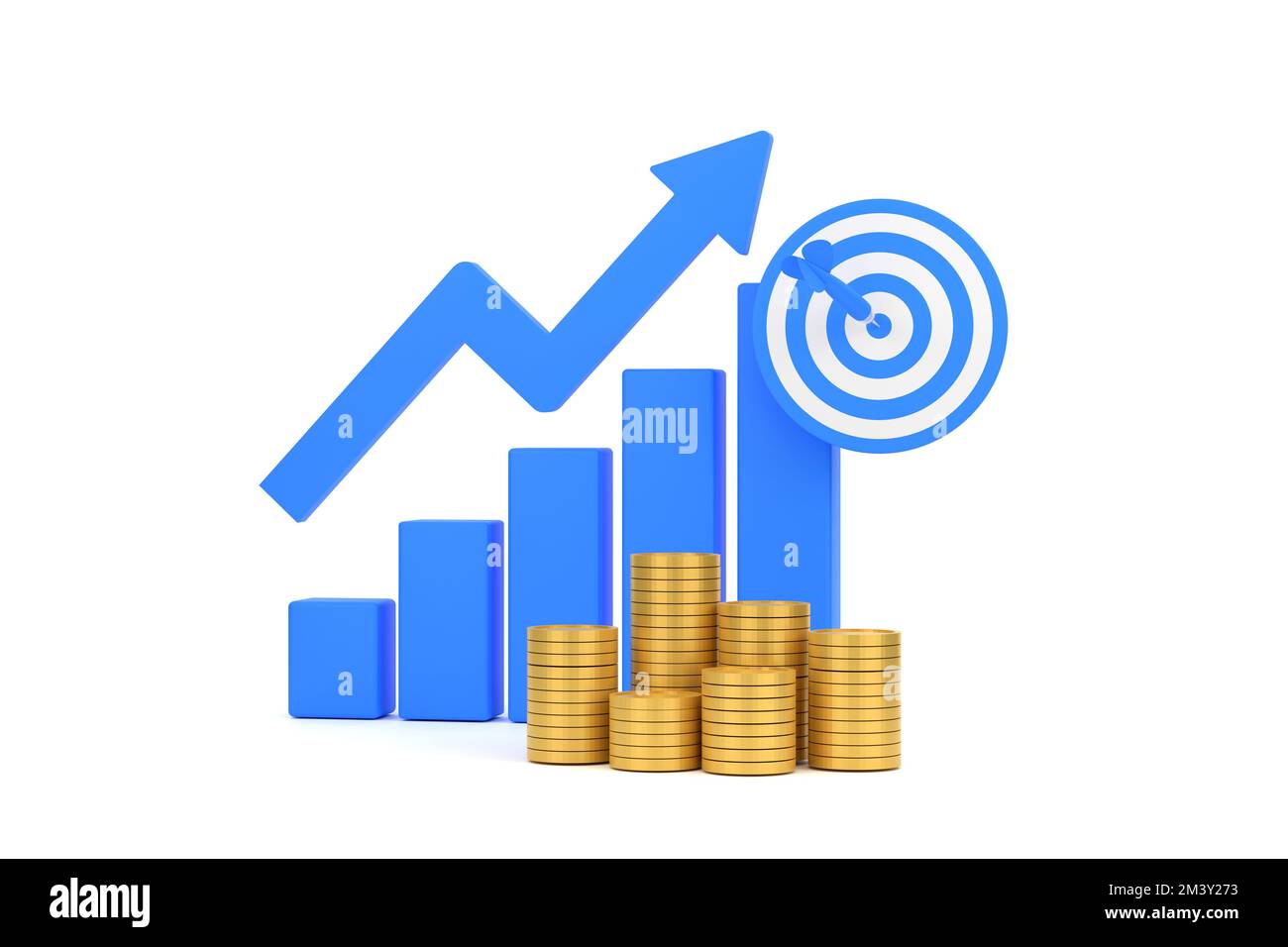 3D. Blue rising arrow, profit bar graph and shield with multiple arrangements of coins. Stock Photo