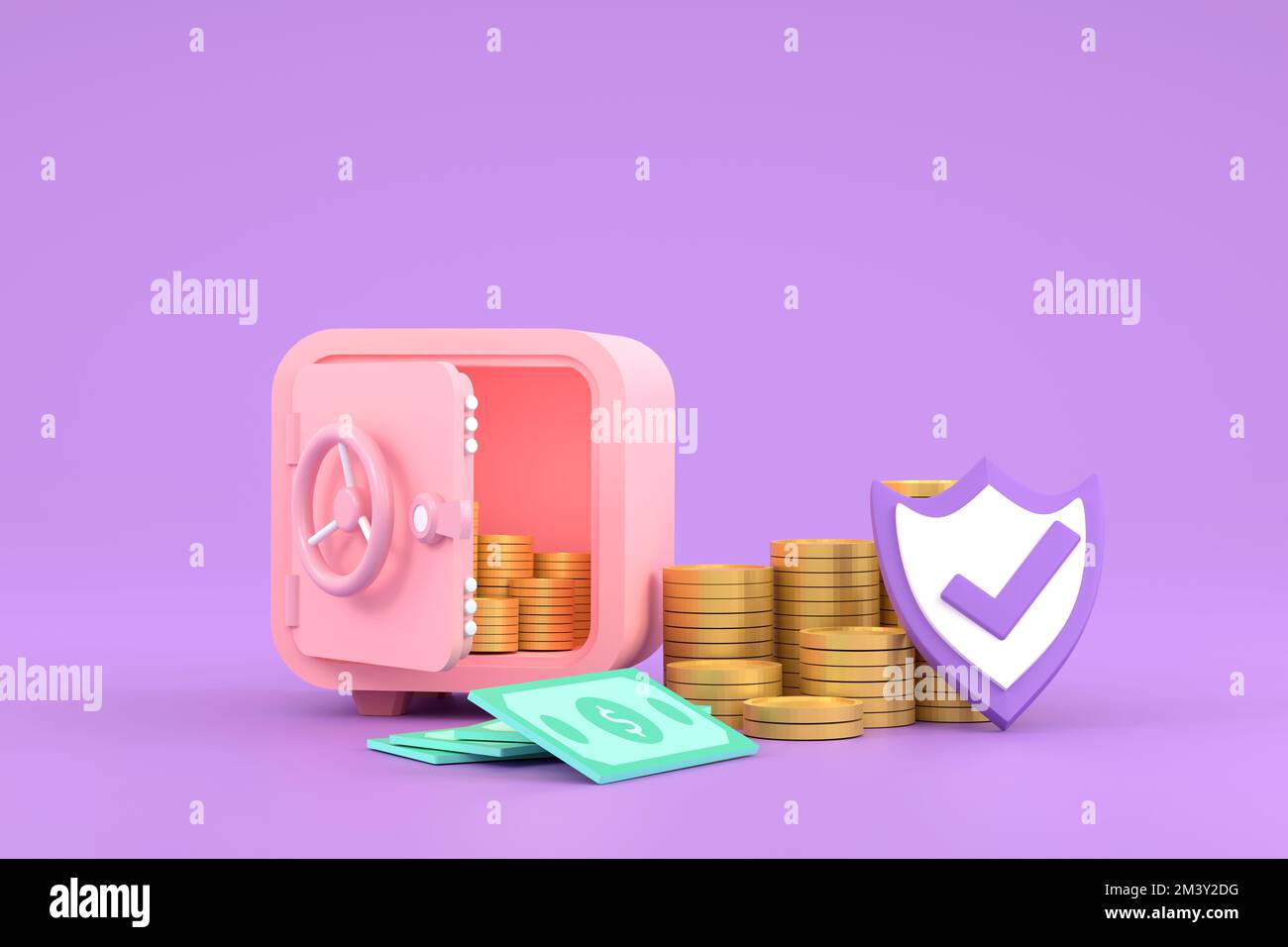 3D. safe, coins and banknotes for symbol business saving. Stock Photo