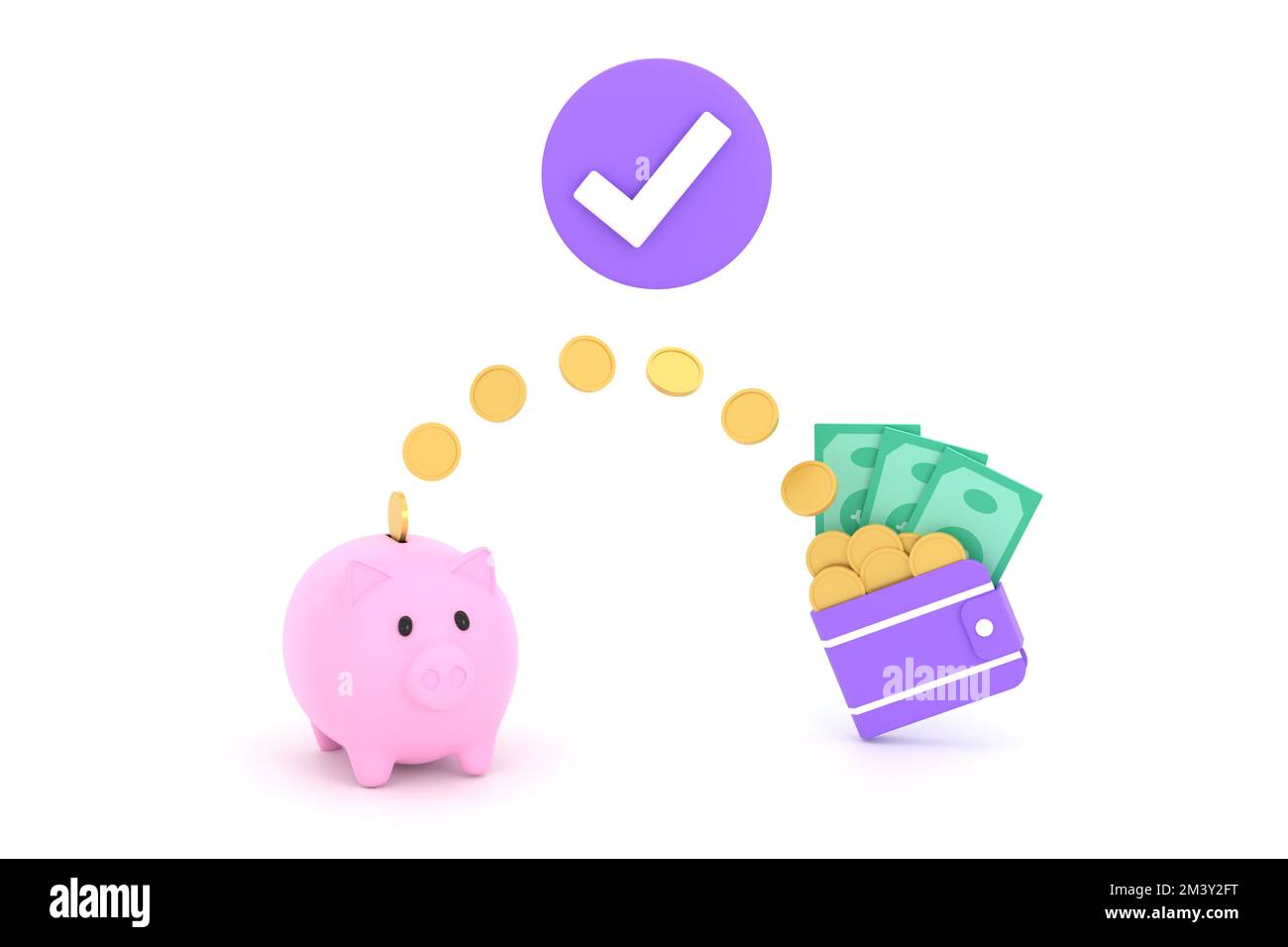 3D. Coins and banknotes and piggy banks. saving concept and spending