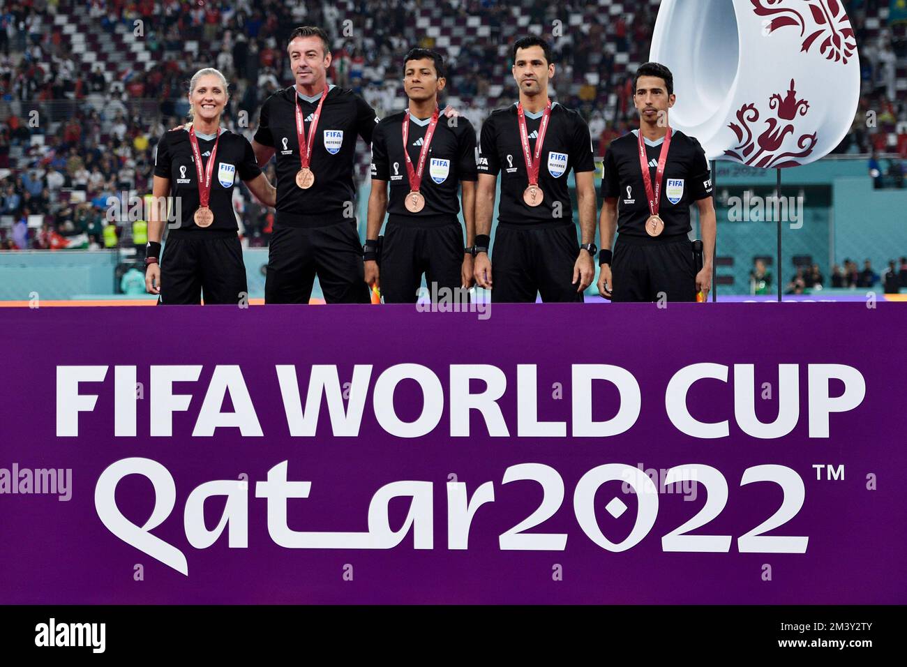 DOHA, QATAR - DECEMBER 17: Referees, including Qatari referee Abdulrahman Al Jassim, pose with medals after the 3rd Place - FIFA World Cup Qatar 2022 match between Croatia and Morocco at the Khalifa International Stadium on December 17, 2022 in Doha, Qatar (Photo by Pablo Morano/BSR Agency) Credit: BSR Agency/Alamy Live News Stock Photo