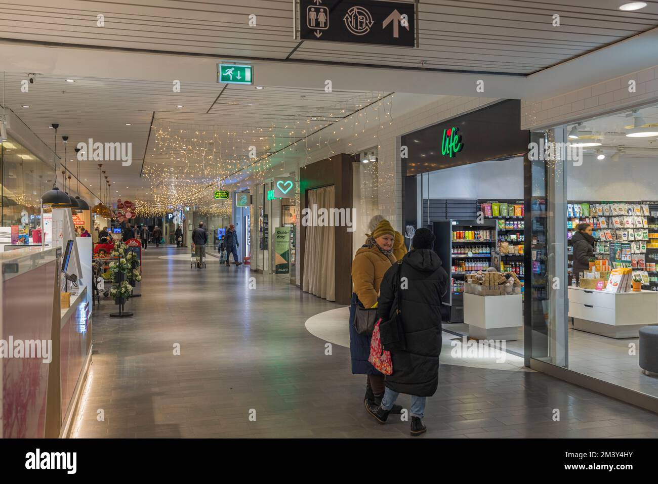Beautiful interior view of ICA supermarket decorated for Christmas holidays. Sweden. Uppsala. Stock Photo