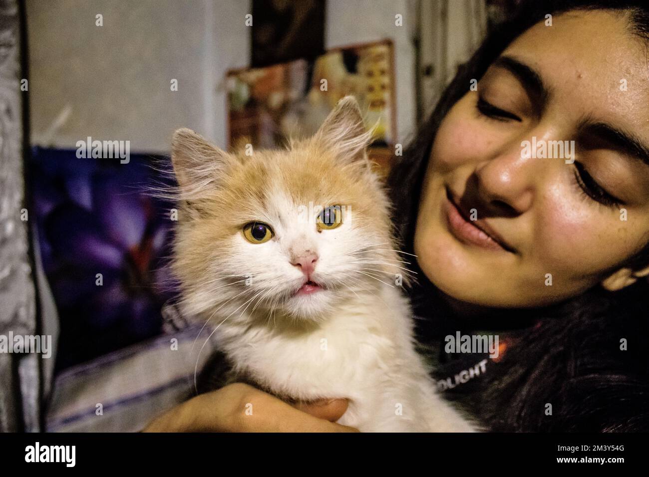 Portrait of Manushak affectionately posing with her cat in a combat zone, a young female soldier on the Eastern Front in Donbass. She decided to aband Stock Photo