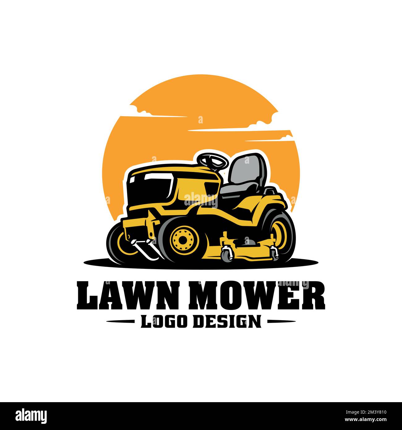 a lawn mower logo design icon against orange sun Stock Vector