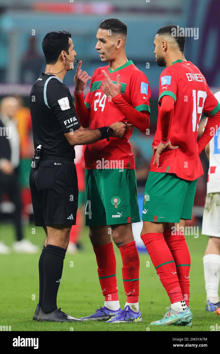 Doha, Qatar. 17th Dec, 2022. Badr Benoun of Morocco and Youssef En-Nesyri of Morocco react to referee Al Jassim Abdulrahman of Qatar during the FIFA World Cup Qatar 2022 3rd place play-off match between Croatia and Morocco at Khalifa International Stadium, Doha, Qatar on 17 December 2022. Photo by Peter Dovgan. Editorial use only, license required for commercial use. No use in betting, games or a single club/league/player publications. Credit: UK Sports Pics Ltd/Alamy Live News Stock Photo