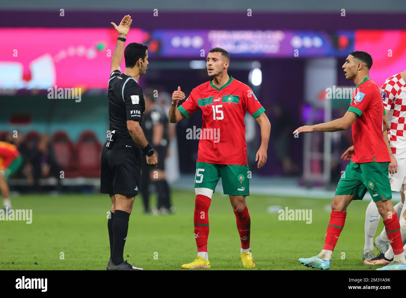 Doha, Qatar. 17th Dec, 2022. Selim Amallah of Morocco reacts to referee Al Jassim Abdulrahman of Qatar during the FIFA World Cup Qatar 2022 3rd place play-off match between Croatia and Morocco at Khalifa International Stadium, Doha, Qatar on 17 December 2022. Photo by Peter Dovgan. Editorial use only, license required for commercial use. No use in betting, games or a single club/league/player publications. Credit: UK Sports Pics Ltd/Alamy Live News Stock Photo