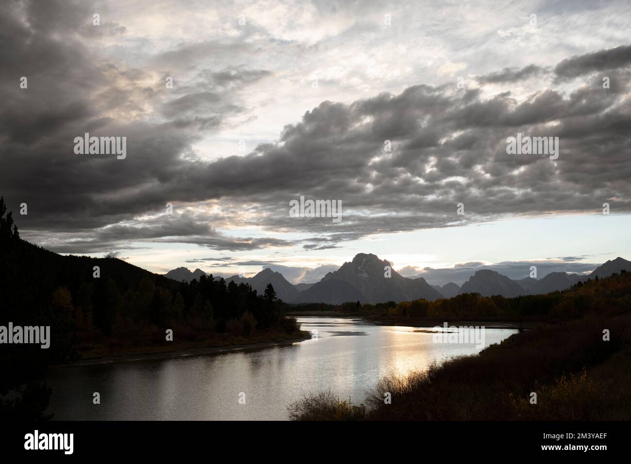 WY05207-00....WYOMING - Mount Moran and the Snake River viewed from Oxbow Bend in Grand Teton National Park. Stock Photo