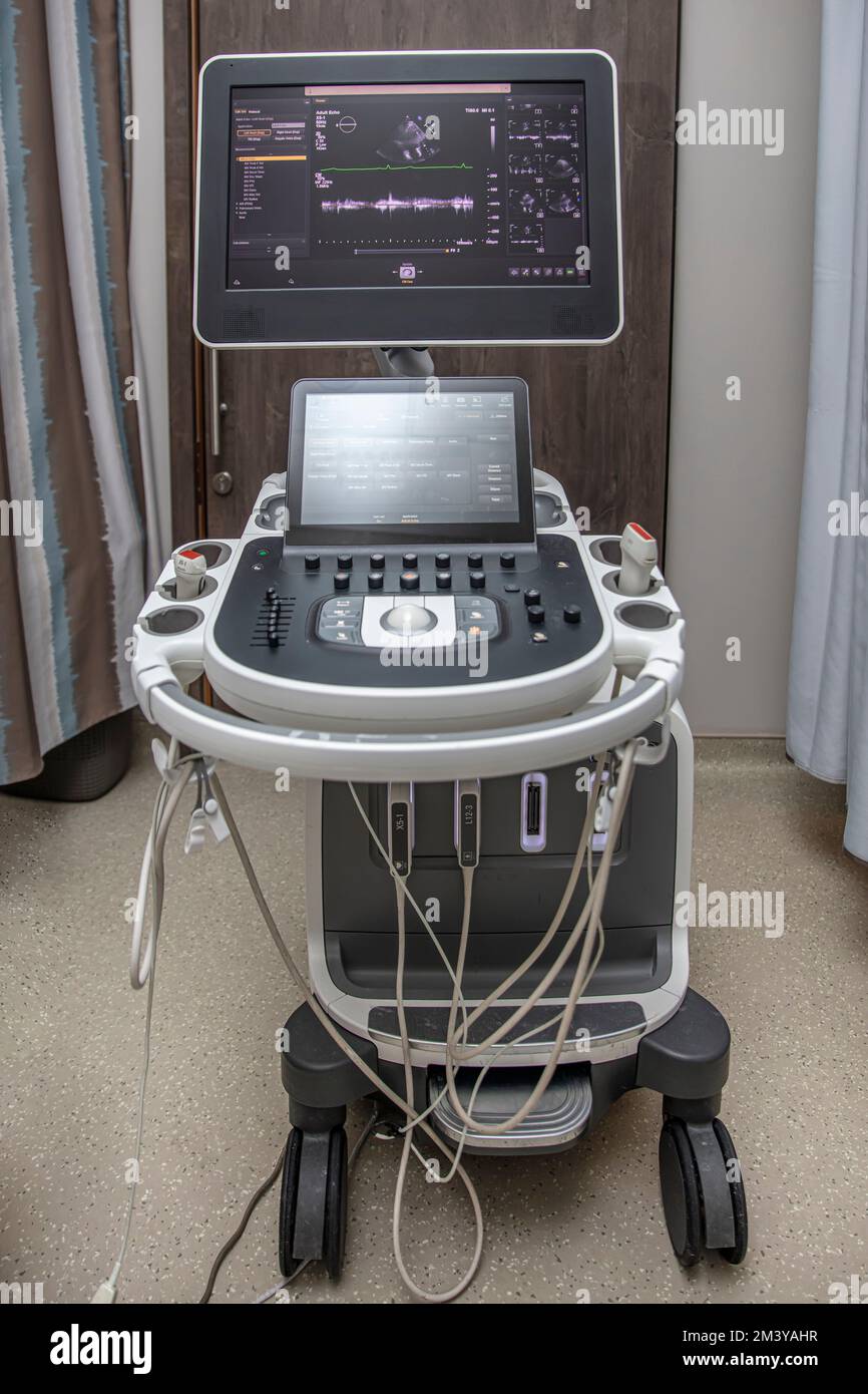 Medical equipment background, closeup ultrasound machine. Ultrasonic