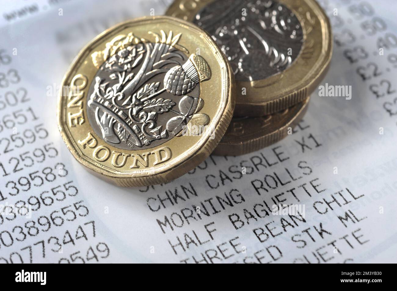 FOOD SHOPPING RECEIPT WITH ONE POUND COINS RE COST OF LIVING CRISIS RISING PRICES INFLATION HOUSEHOLD BUDGETS ETC UK Stock Photo