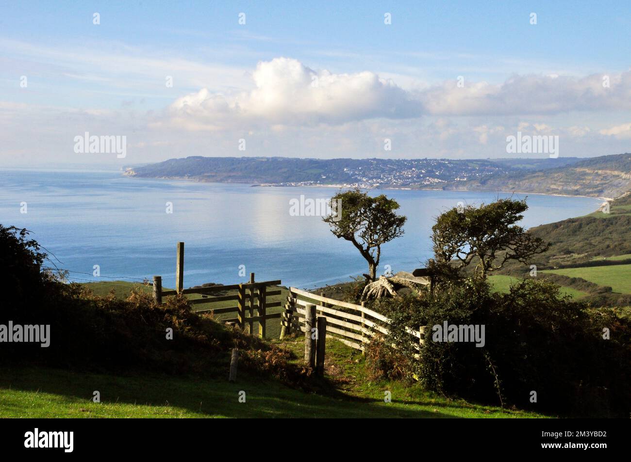 A distant autumn view of Lyme Regis on the coast of Dorset from the path around Golden Cap the highest point on the Dorset coast. England Stock Photo