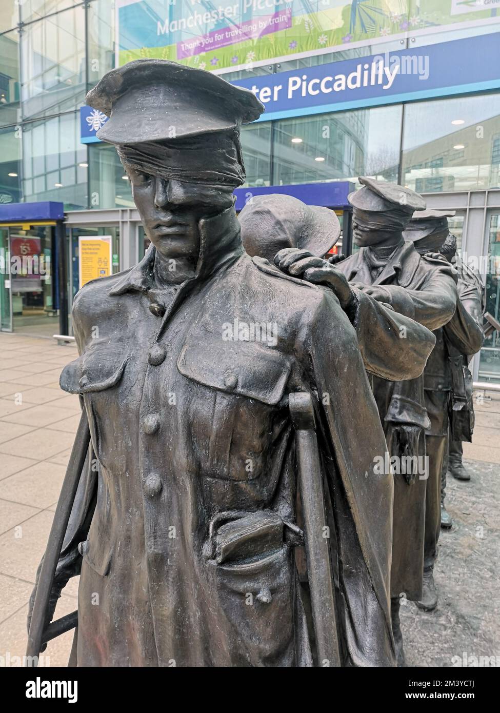 A vertical shot of the military statue outside Manchester Piccadilly