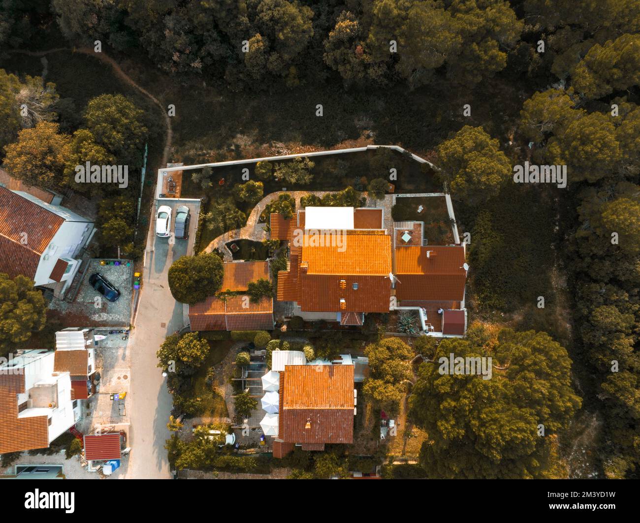 An aerial top view of residential houses surrounded by green trees ...