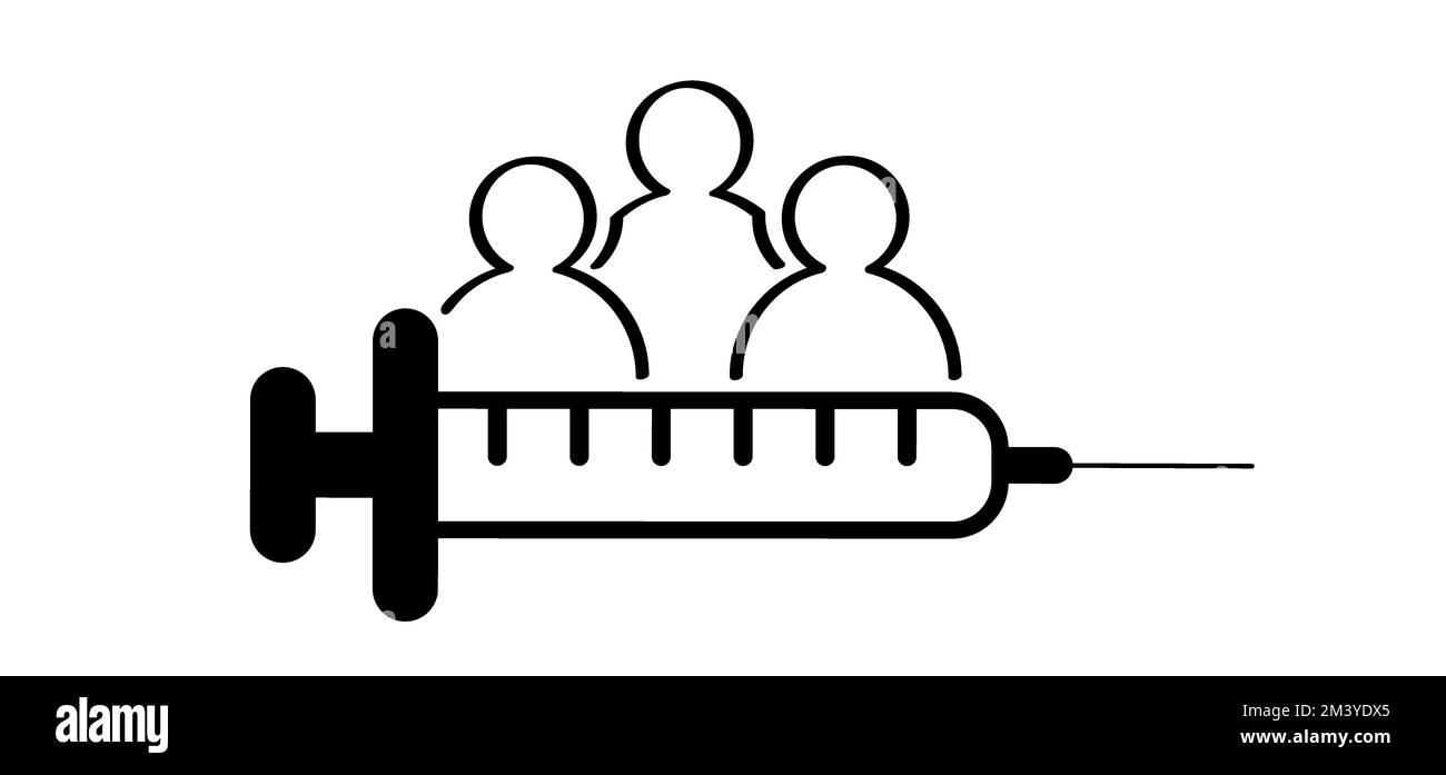 Cartoon stickman, stick figure man and edical syringe and people. Health, immunization symbol or icon. Vaccination of the population, make an injectio Stock Photo