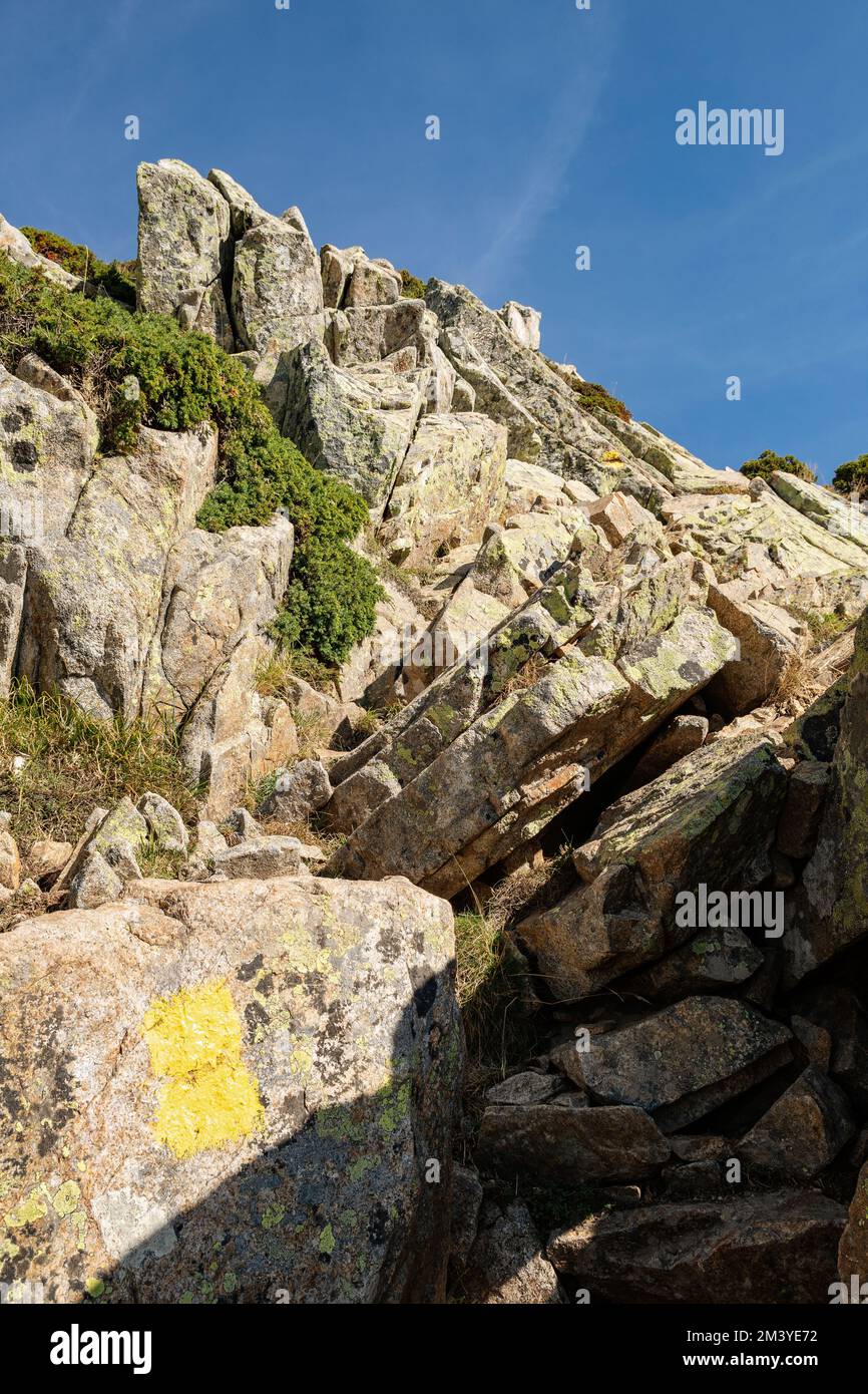 Descent in the rocks between Petra Piana and Onda, GR20, Corsica, France Stock Photo